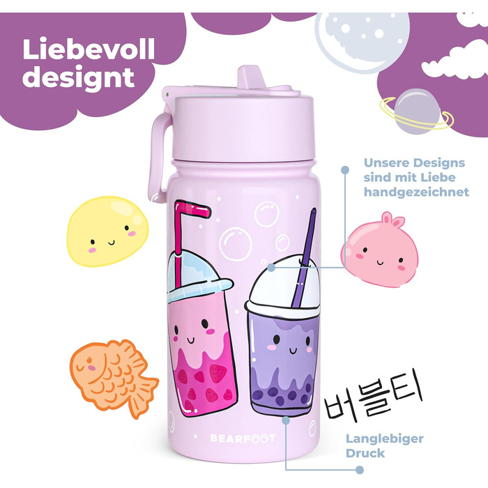 Дитяча термопляшка Bearfoot з нержавіючої сталі з трубочкою, 400 мл, без BPA, не протікає, для дівчаток та хлопчиків, ідеальна для школи та дитячого садка (Ліден - Bubbletea)