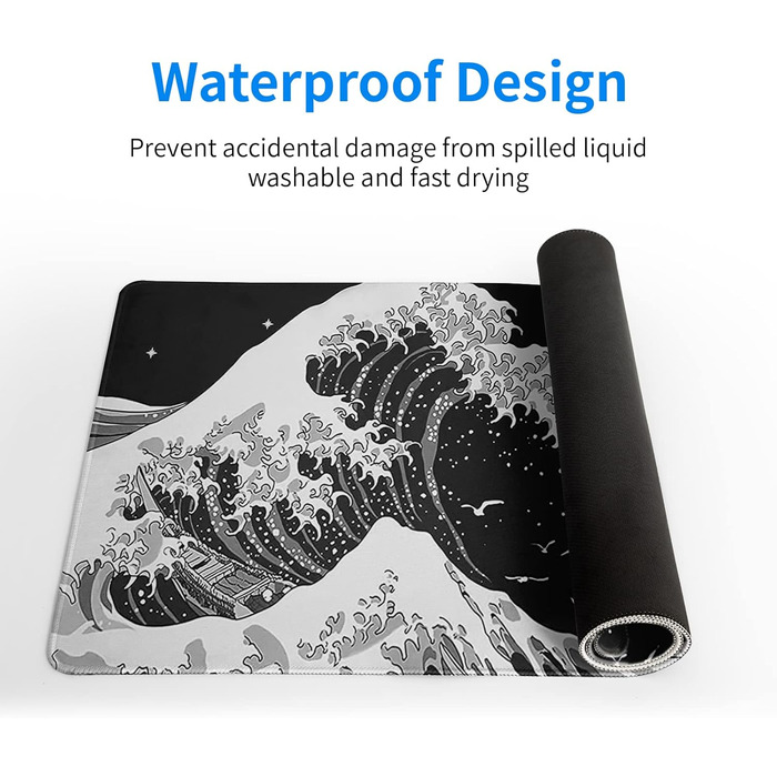 Чорне абстрактне килимок для миші з морем, 80x20 см - килимок для миші з текстурою хвилі, антиковзаюча гумова основа, великий килимок для столу для офісу та дому