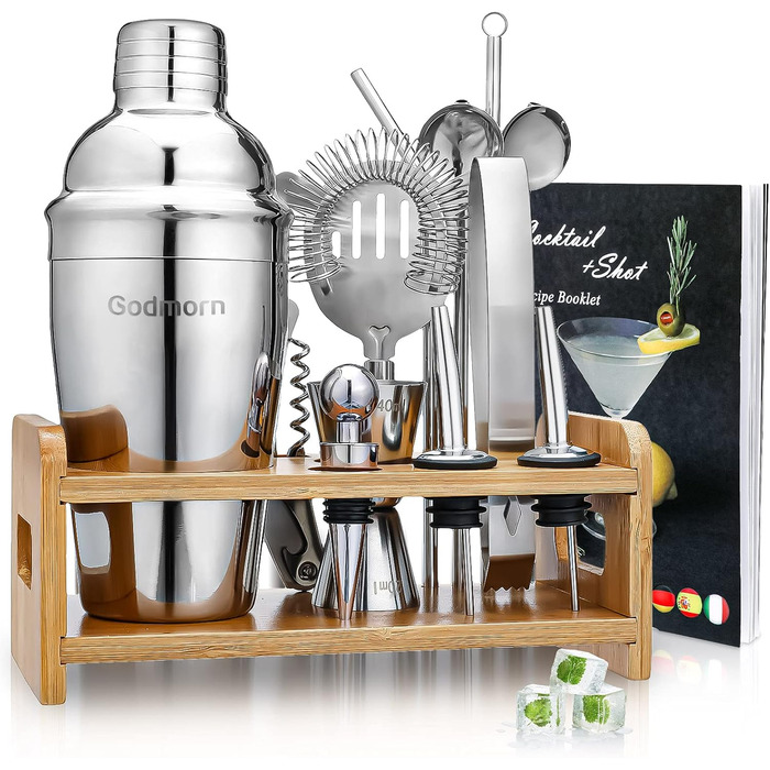 Cocktail Set, Godmorn Stainless Steel Shaker Set, 15-Piece Bartender Set with Improved Bamboo Stand, Recipe Book, Measuring Jigger, and Bar Spoon, 550 ml Gift Set for Home or the Bar