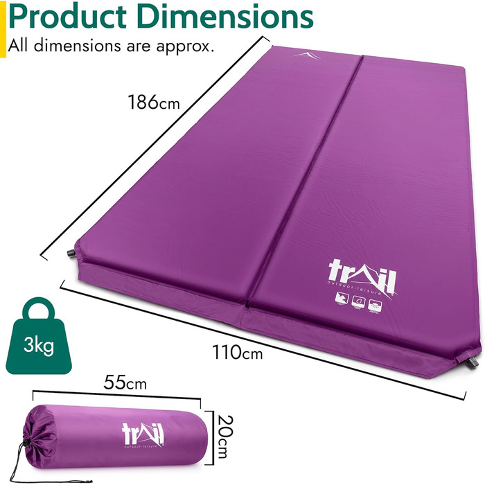 Саморозкладаючий килимок для кемпінгу/матрац для двох осіб, 5 см, фіолетовий