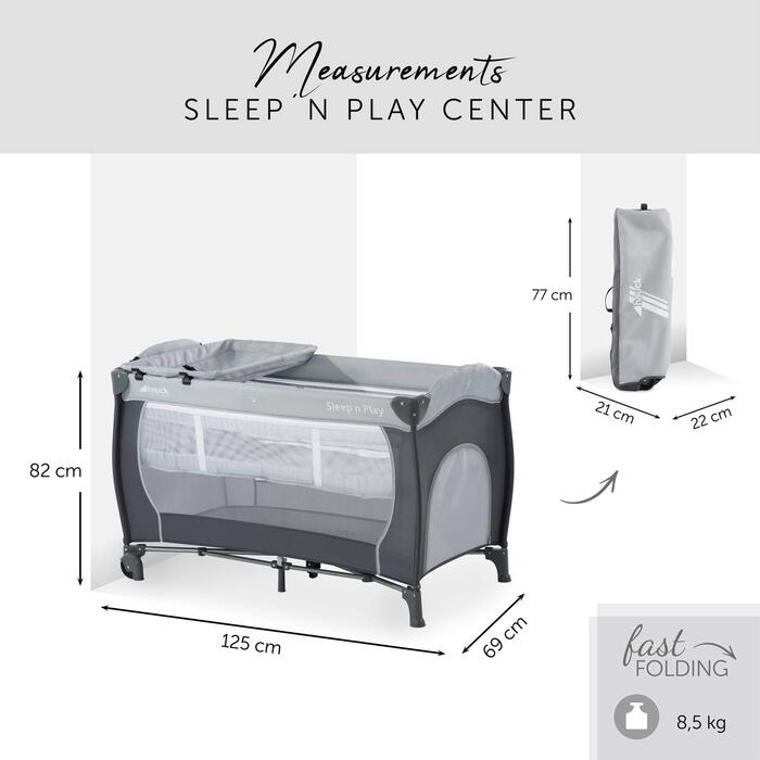 Дитяче дорожнє ліжечко Hauck Sleep N Play Center з пеленатором, підвісним дном для новонароджених, сумкою, колесами, боковим входом, компактне складання, для дітей від народження до 15 кг (Stone)