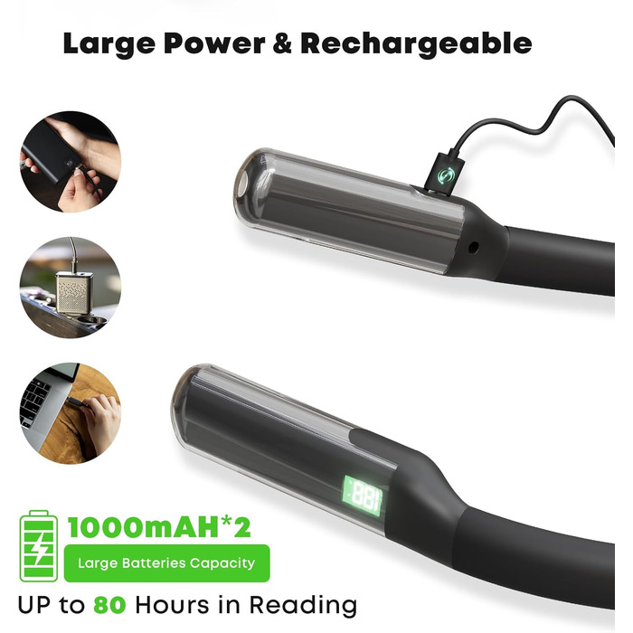 Ліхтар на шию LQWELL для читання, в'язання, рукоділля: LED лампа з регульованою яскравістю та кольором, акумуляторна, чорна