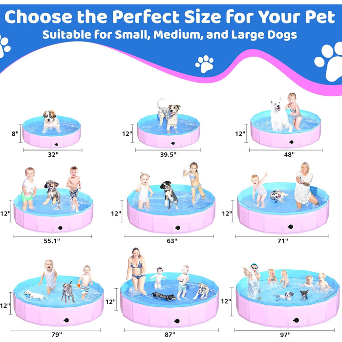80x20 cm Foldable Dog Pool – Collapsible Plastic Hard Pool for Dogs and Children, Non-Slip Pet Bathtub for Outdoor Use in the Garden, Lightweight and Portable (Pink, 220x30cm)