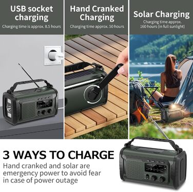 Радіо на сонячній батареї та ручному приводі 27000mAh з Bluetooth, FM/AM, SOS сигналом, динаміком та підключенням для навушників (Зелений)