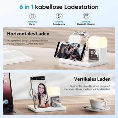 База для бездротової зарядки 6-в-1 з годинником та нічником для Samsung Galaxy | 15W, Qi, LED, для Galaxy S25, S24, Z Fold6, Flip, Note, Watch, Buds