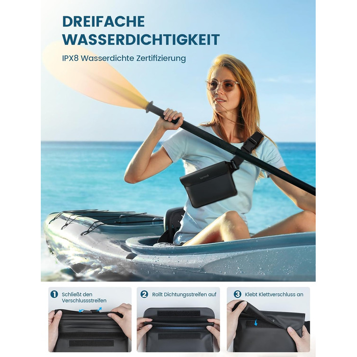 Водонепроникна сумка Lamicall [2 шт.] - водонепроникний поясний мішок з регульованим ремінцем, IPX8, для водного спорту, плавання, пляжу, катання на човнах - чорний