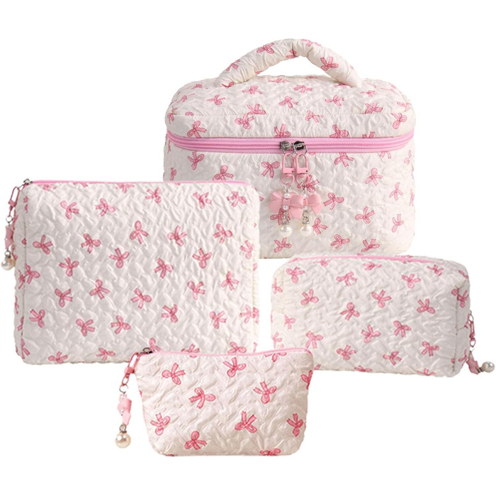 Набір косметичок з квітами для дівчаток та жінок, бавовняні культки, косметичні сумочки, естетичний стиль Clean Girl, рожевий бантик