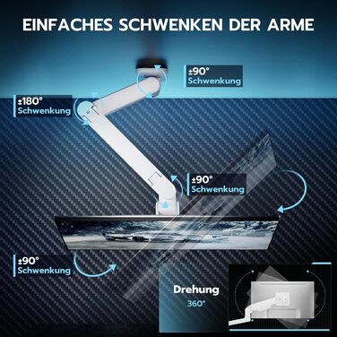 Настінний кронштейн для монітора ARES WING для Ultra Wide екранів 17-49 дюймів, газліфт, навантаження до 20 кг, VESA 75/100, білий