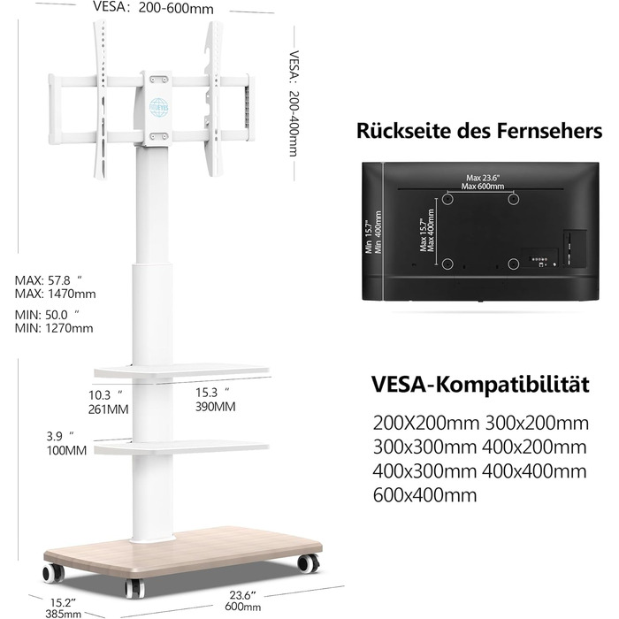 FITUEYES Rolling TV Stand with 3 Shelves - Mobile TV Stand for 32-70 Inch TVs up to 40kg, VESA 400x600, Adjustable & Swivel, White
