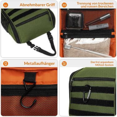 Чоловіча та жіноча дорожня косметичка Kulturbeutel Reise, водонепроникна, з гачком для підвішування, 7 відділень для кемпінгу та подорожей (зелена)