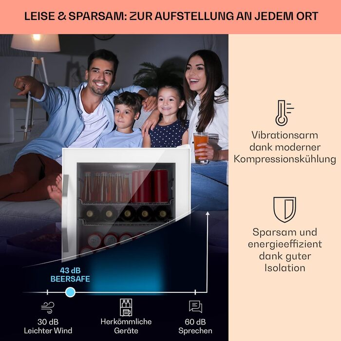 Міні-холодильник Klarstein з дверцятами зі скла, для кімнати, холодильник для напоїв, регульовані полиці, маленький 47 літрів, для приміщення/зовнішнього використання, тихий, 47 л, чорний