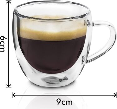 Набір з 4 еспресо-чашок Zobel 80 мл з подвійними стінками та ручкою з боросилікатного скла, з фетровими підставками. Можливе миття в посудомийній машині, термостійкі. Ефект левітації.