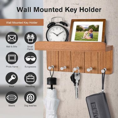 Дерев'яне ключниця з полицею, 5 гачків, для прихожей, кухні, спальні (колір: коричневий)