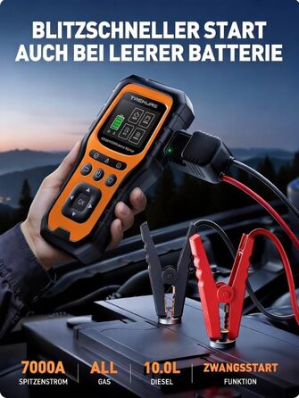 TREKURE 7000A Пусковий пристрій (Powerbank) для авто з тестером акумулятора та OBD2 діагностикою – 12V для бензину/дизеля до 10л, LED ліхтар, аварійний інструмент для легкових авто