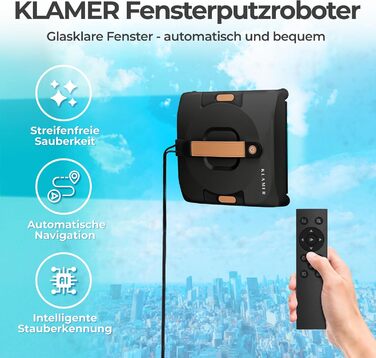 Робот для миття вікон KLAMER 3500 Pa: автоматичний очищувач з резервуаром для води 100 мл, режим вологого очищення, виявлення країв, тихий (60 дБ), захист від падіння, смарт-планування (Чорний)