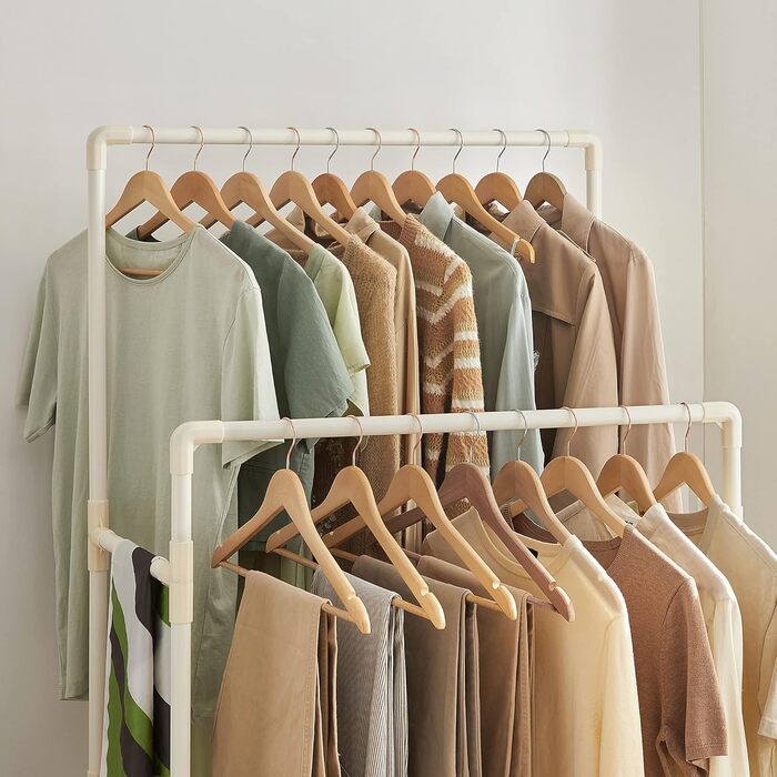 SONGMICS Стійка для одягу металева, з 2 перекладинами та полицею, біла, до 55 кг, проста збірка RDR01WT