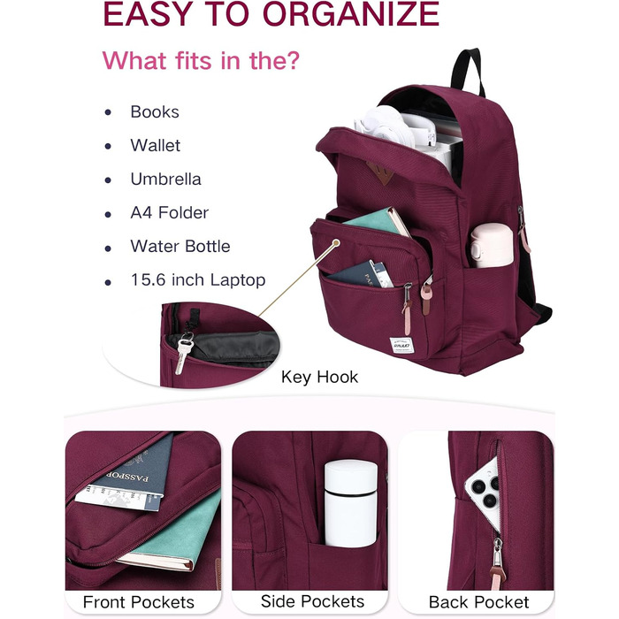 Жіночий рюкзак RAVUO, водонепроникний, для ноутбука 15.6 дюймів, шкільний, для підлітків, подорожей, роботи, червоний/бордовий