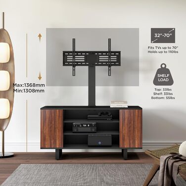 FITUEYES TV Stand with Mount - Wood TV Console for TVs 32-70 inch, Adjustable Height, Swivel ±25°, Up to 40kg, Max.VESA 600x400