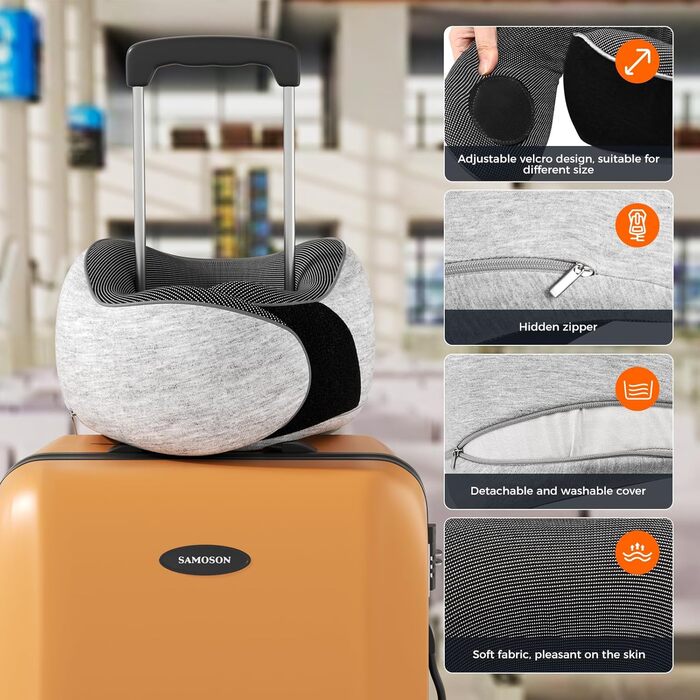 Подушка для шиї у подорожах: м'яка, з memory foam, для автомобіля та літака, з навушниками та маскою для сну (світло-сіра)