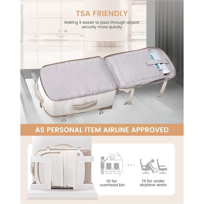 LOVEVOOK Рюкзак для ручної поклажі 40л, для подорожей, з відділенням для ноутбука 17.3 дюймів, з вологостійким відділенням, 45x36x20 см, бежевий/хакі