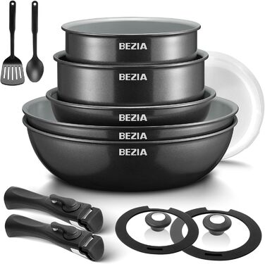 BEZIA 13-Piece Ceramic Nonstick Cookware Set - Induction Compatible Pots and Pans for All Cooktops, Stackable, Dishwasher & Oven Safe