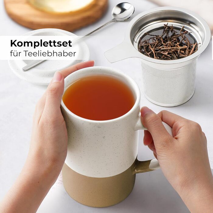 Набір чайних чашок Miamio 2 x 500 мл з кришкою та ситом, керамічні чашки з чайним ситечком та ложкою для заварювання листового чаю, подарунок для жінок, підходить для мікрохвильової печі та посудомийної машини (колір: коричневий)