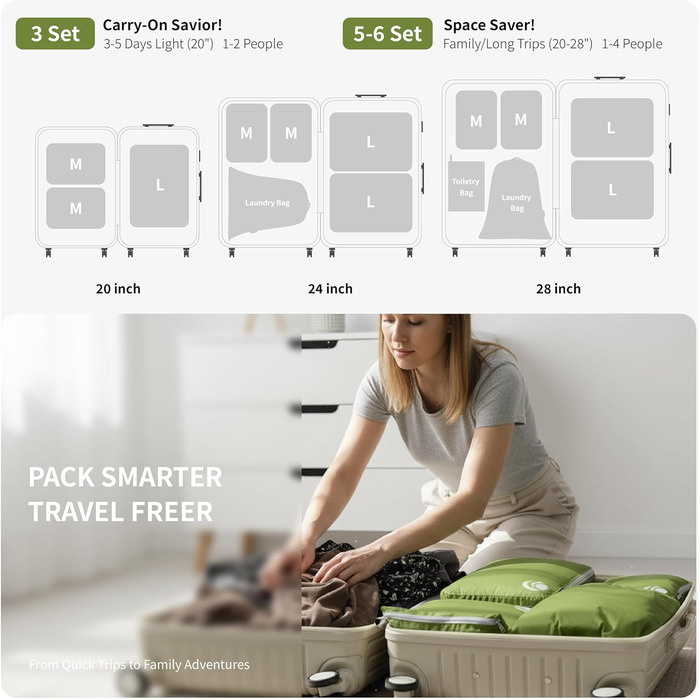 Набір кубиків-органайзерів для подорожей Cipway, 6 шт., зелений, ультралегкі, розширювані