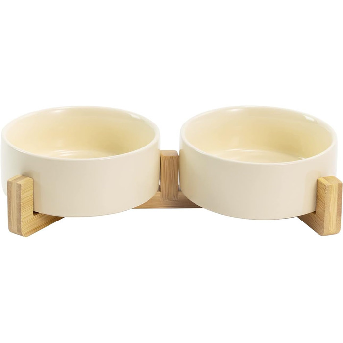 Набір мисок для котів та собак SPUNKYJUNKY з бамбукового підставки (400мл, Бежевий)