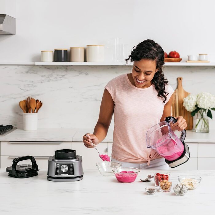 Ninja Foodi Power Nutri Mixer Smoothie Maker 3-in-1, thick spreads & frozen drinks, automatic programs, 2.1L pitcher, 700ml cup & 400ml bowl with Power Paddle, 1200W, Silver CB350EU 3-in-1 Mixer, 1200W