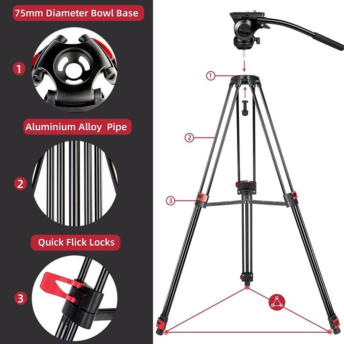 Штатив важкий 183 см, Lusweimi Професійний штатив для відеокамери з алюмінію, 2 швидкісні пластини, 360° Fluid-головка, середній розширювач, Макс. навантаження 7.7 кг