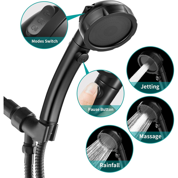 MIAOHUI Modern Handheld Showerhead with On/Off Switch, High-Pressure Showerhead with Handheld, 3 Spray Settings, Detachable Showerhead with Hose, Adjustable Angle Shower Holder (Brushed Nickel) (Black)