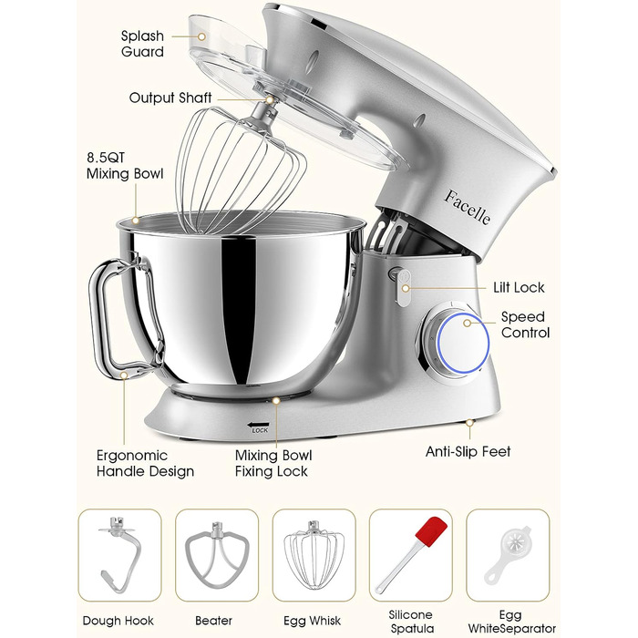 Facelle 2000W 8.5L Stand Mixer - Heavy Duty Dough & Bread Machine with Whisk, Dough Hook, Beater & Splash Guard for Baking Cakes, Cookies & Kneading - 6+ Speed (Silver)