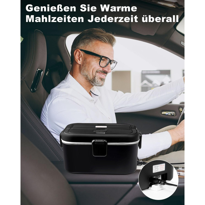 AUTOPkio Electric Lunch Box 1.8L 80W, 12V 24V 220V Large Heated Food Warmer with Bag, Stainless Steel Fork, Spoon for Car, Truck, Office (Black)
