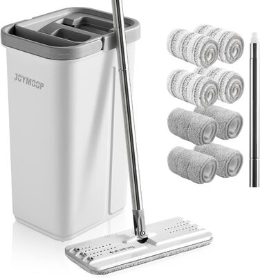 JOYMOOP Вібромийка для підлоги з відром та системою віджиму, 3 мікрофібрових насадки, для вологого та сухого прибирання, система для миття підлоги (середнє відро #13 + подовжена ручка + 8 насадок)