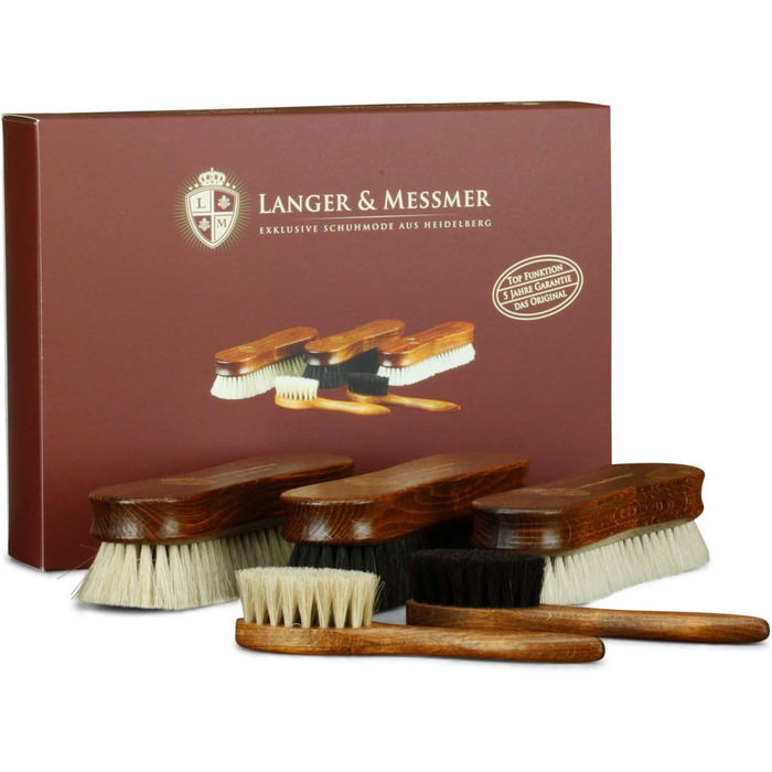 Langer & Messmer 4-Piece Shoe Brush Set made of Horsehair for professional shoe care of smooth leather shoes - includes polishing brushes and cream brushes (5-piece set, Premium)