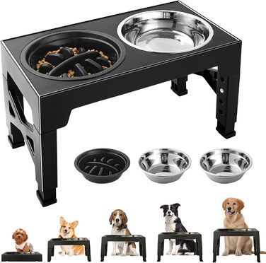 Підвищена годівниця для собак, регульована висота, великі породи - 2 x миска з нержавіючої сталі (1200 мл) + 1 x повільна годівниця (800 мл) - антиковзна станція для годування середніх/великих собак, чорний/сірий колір