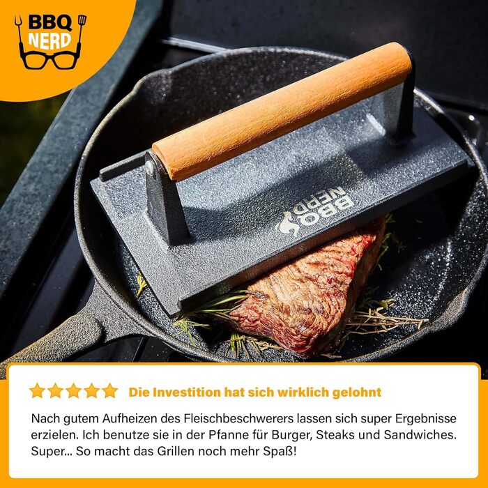 Прес для м'яса з чавуну з дерев'яною ручкою, 18 см, круглий - прес для бургерів, гриль-прес, вага для BBQ, м'яса, бекону, сиру, сендвічів. Діаметр 18 см, круглий (21 x 11 см - квадратний, чорний)