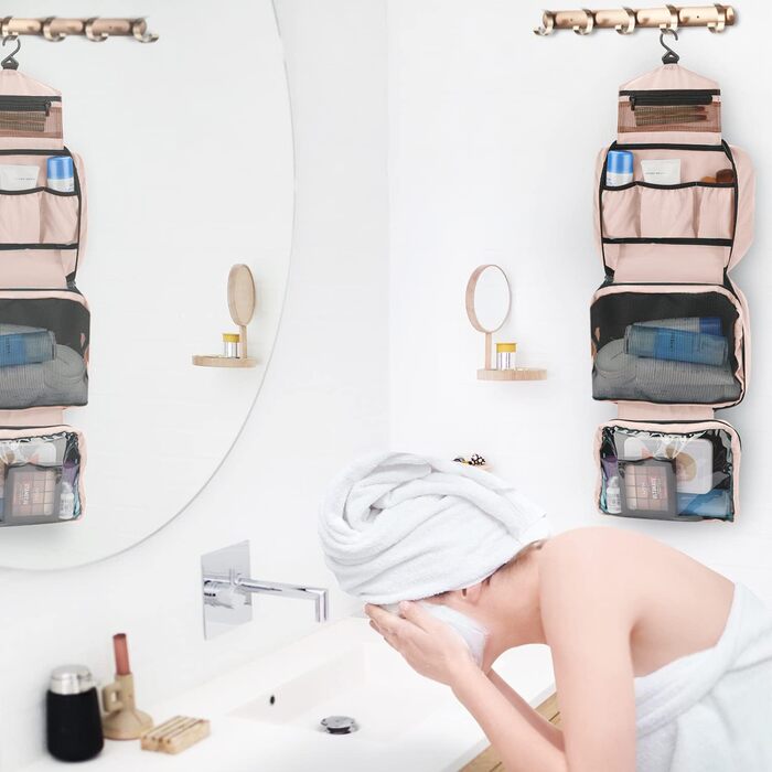 Сумка для косметики Maliton з підвішуванням, водонепроникна | Велика дорожня сумка для подорожей, ділових поїздок, спорту, плавання | Косметичка для жінок та чоловіків з 4 відділеннями, складна та компактна (Рожева)