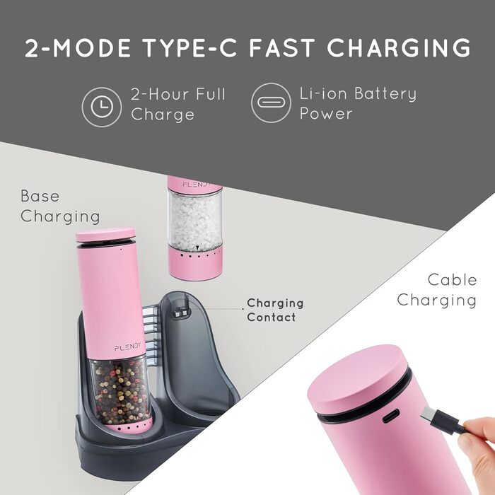 Електричні соляна та перечна млини 2 в 1 з LED-підсвічуванням та USB-C зарядкою, з нержавіючої сталі