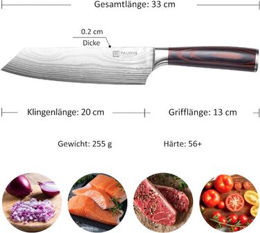 Японський ніж Santoku від Paudin, 20 см, Kiritsuke, з високоякісної сталі, ергономічна ручка, для м'яса, риби та овочів