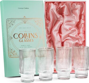 GLASSIQUE GIFT Vintage Art Deco Collins Gin Longdrink Ribbed Cocktail Glasses | 4-Piece Set | 400 ml Slim Tall Ribbed Highball Longdrink Glasses for Mojito Cocktails