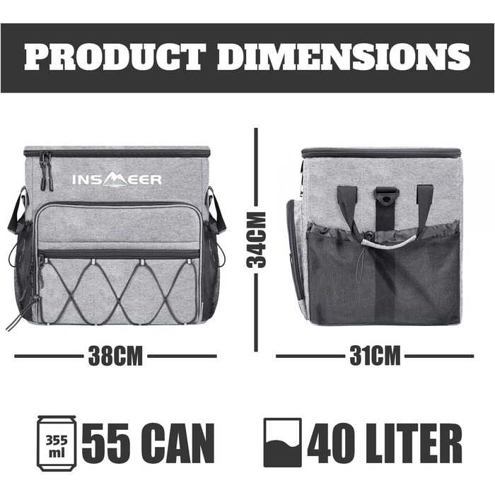 INSMEER Велика термосумка на колесах 40л, 60 банок, водонепроникна, для пляжу, кемпінгу, пікніка, покупок (сіра)