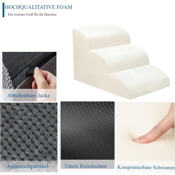 Сходинка для собак 3 сходинки, для маленьких собак, до ліжка/дивану, водонепроникна, з неслизьким покриттям, знімний чохол, з високощільним губчастим наповнювачем, 60x40x40 см