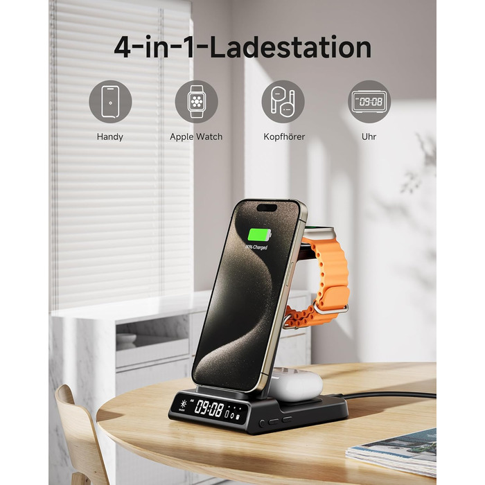 Бездротова зарядна станція 3-в-1 для Apple iPhone 16/15/14/13/12 Pro/Plus, Apple Watch Ultra 2/9/8/7/6/5, AirPods Pro/4/3/2 – Чорна