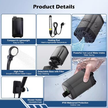 Портативний душ Campingdusche 6000 mAh з насосом, шланг 200 см, для кемпінгу, саду, авто, тварин, пляжу, подорожей (Чорний)