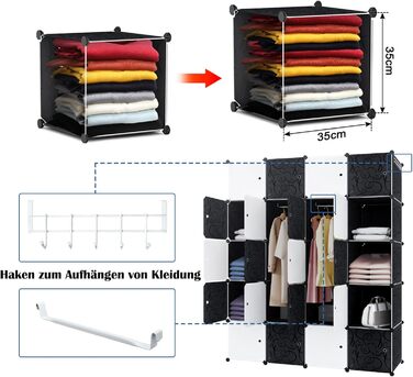 Wardrobe, Plastic Wardrobe, DIY Cube Wardrobe 20 Cubes, Shelf System Bedroom Wardrobe – Black, 145 x 37 x 178 cm
