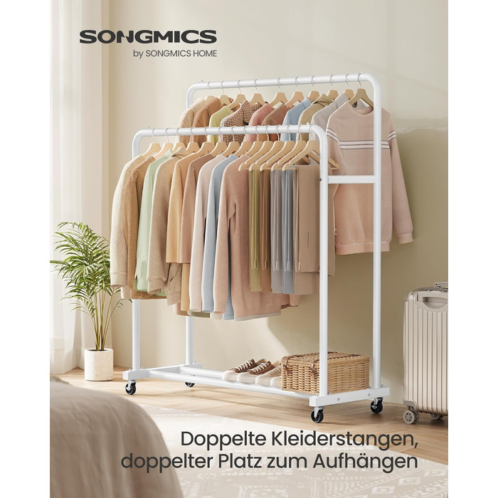 SONGMICS Вішалка для одягу на коліщатках, гардеробний стійка, білий матовий, 2 стійки, до 50 кг, 38 x 110 x 141,5 см, HSR016BH01