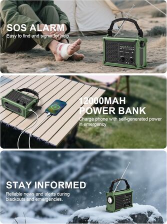ROCAM Радіо з ручним генератором та сонячною панеллю, 12000mAh, AM/FM, LED ліхтарик, USB, SOS, для кемпінгу та надзвичайних ситуацій, зелене