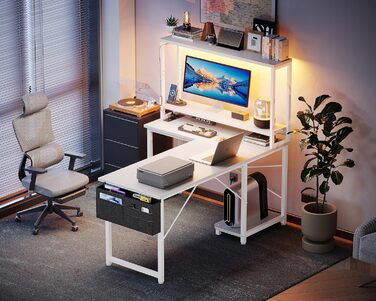 Ігровий стіл Coleshome L-подібної форми з LED-підсвічуванням та розетками, 135 × 100 см. Реверсивний кутовий стіл з полицями для зберігання, з сумкою для дому та ігор. (110×80 см, Білий)