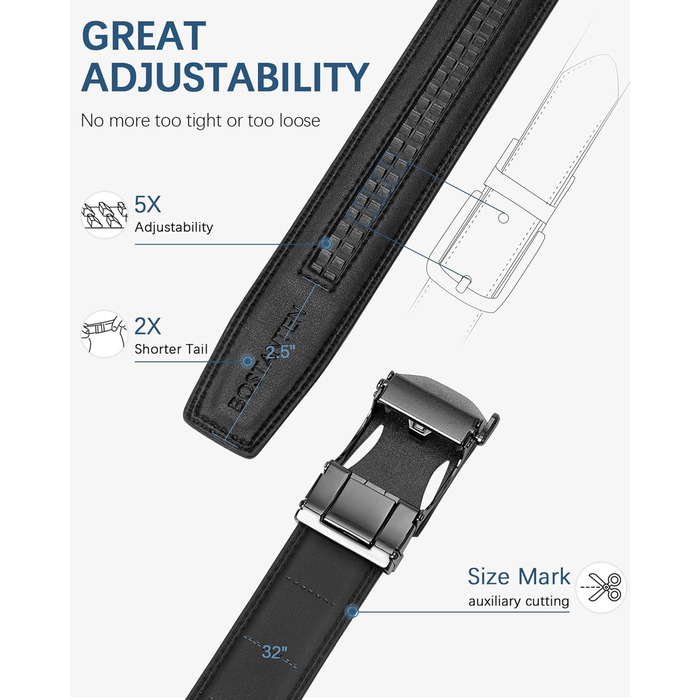 Чоловічий шкіряний ремінь BOSTANTEN з автоматичною пряжкою, 35 мм, регульований, чорний, 135 см (42'-48' талія)